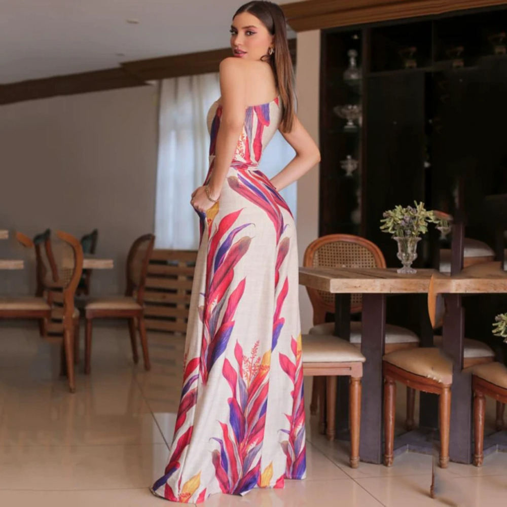 ZARA Sexy One Shoulder Printed Sleeveless Bodycon Long Dress for Women Spring